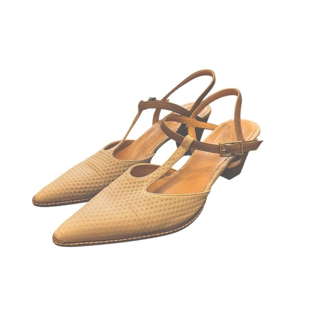 Sundance Taupe/Gray Leather Pointed Toe Stacked Heel T-Strap Shoes Size 40/9 - Picture 2 of 7